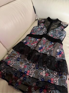 Self-Portrait Floral Embroidered Sheer Mesh Tiered Mini Dress NWT